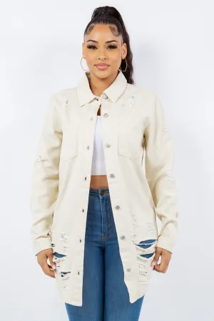 Distressed Denim Jacket In Ivory
