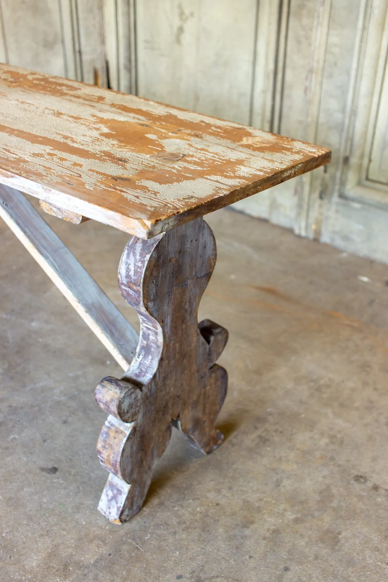 Distressed Finish Antique Swedish Wood Bench found in France