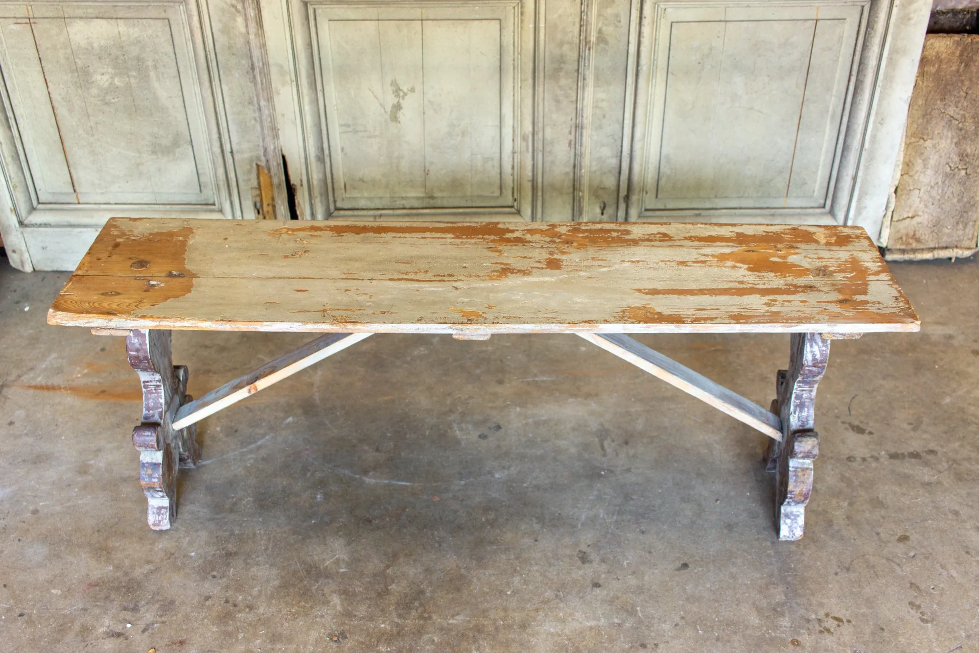 Distressed Finish Antique Swedish Wood Bench found in France
