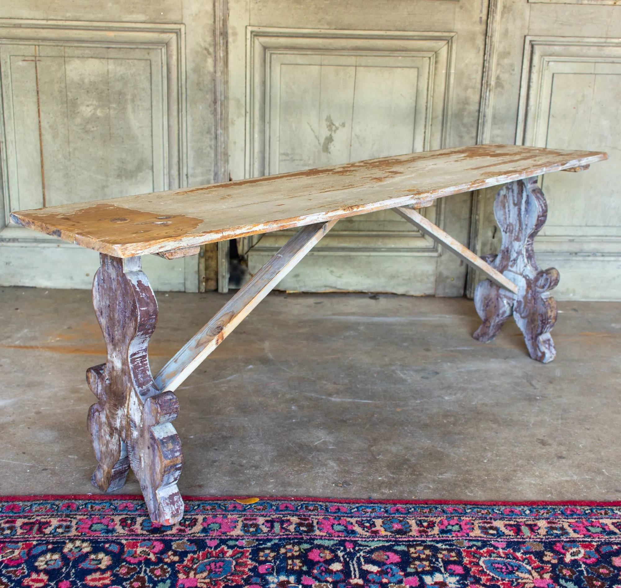 Distressed Finish Antique Swedish Wood Bench found in France