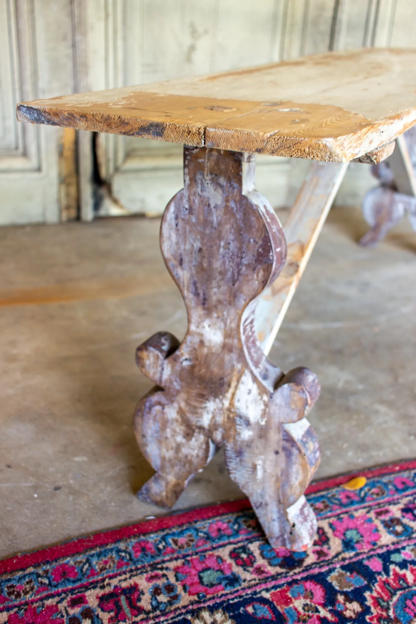 Distressed Finish Antique Swedish Wood Bench found in France