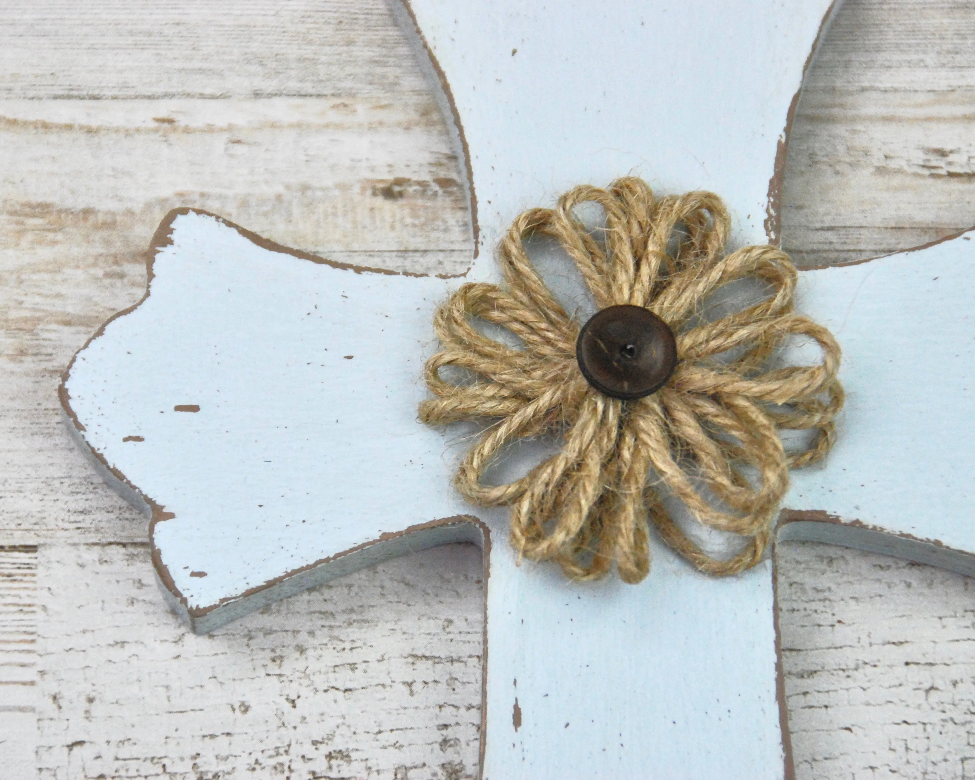 Distressed spa blue burlap small wooden cross