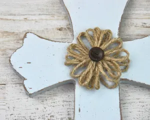 Distressed spa blue burlap small wooden cross
