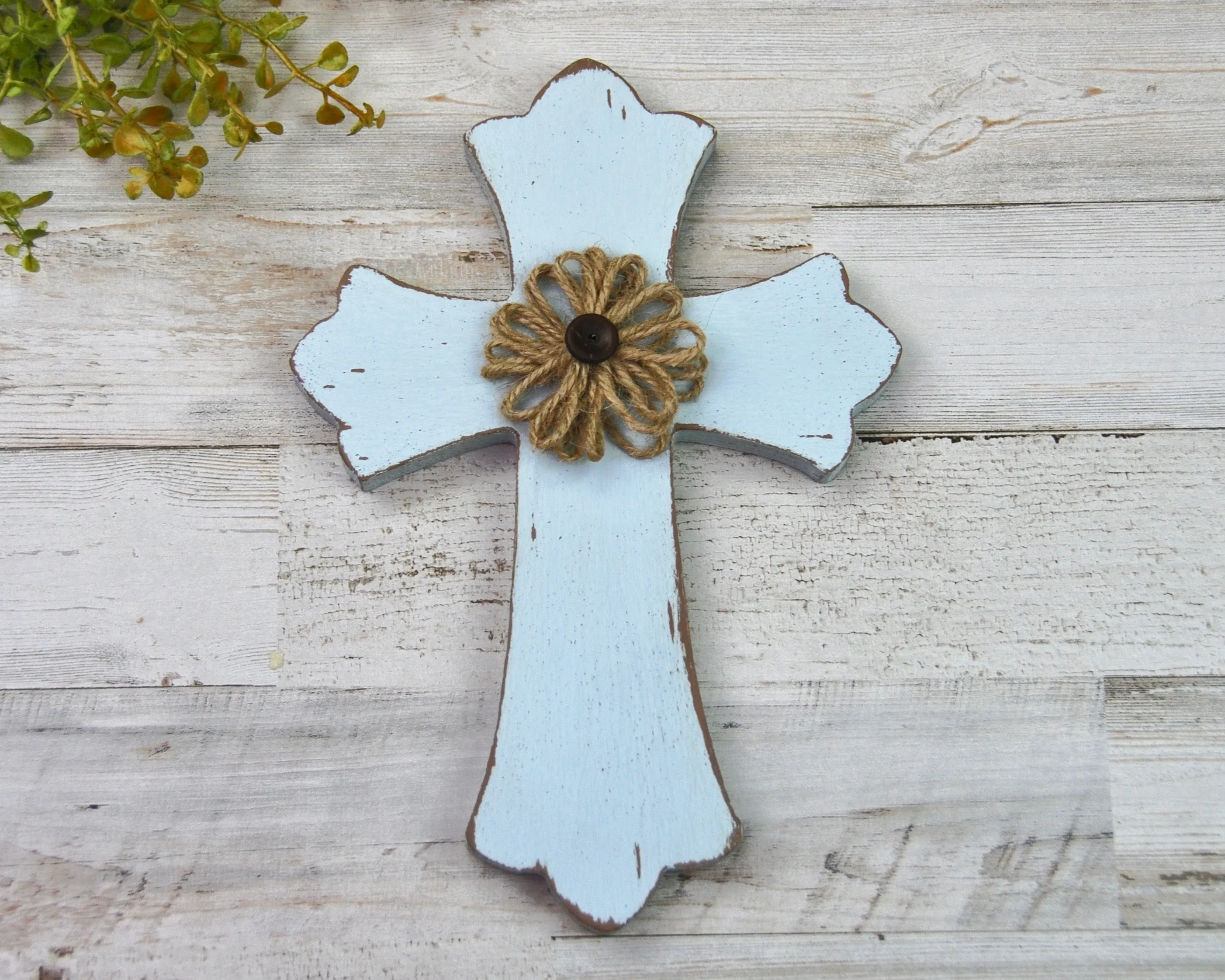 Distressed spa blue burlap small wooden cross