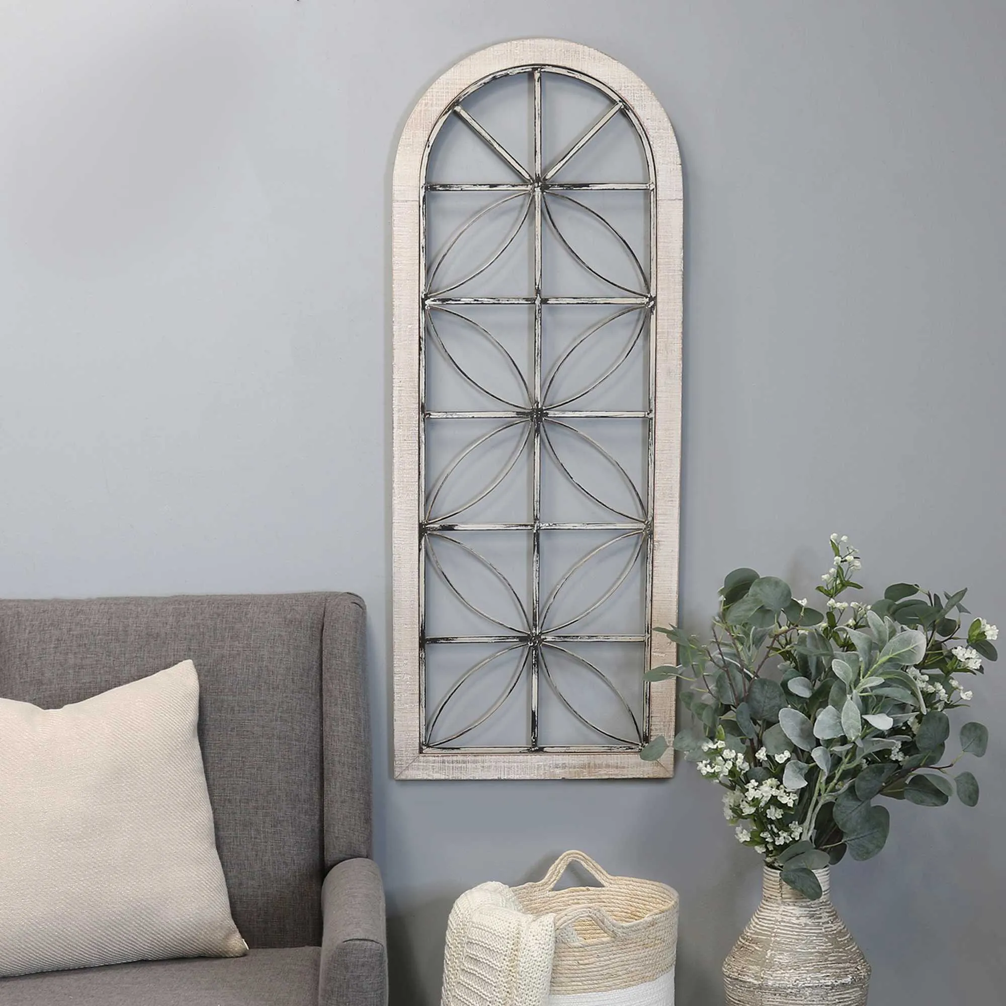 Distressed White Metal &amp; Wood Window Panel
