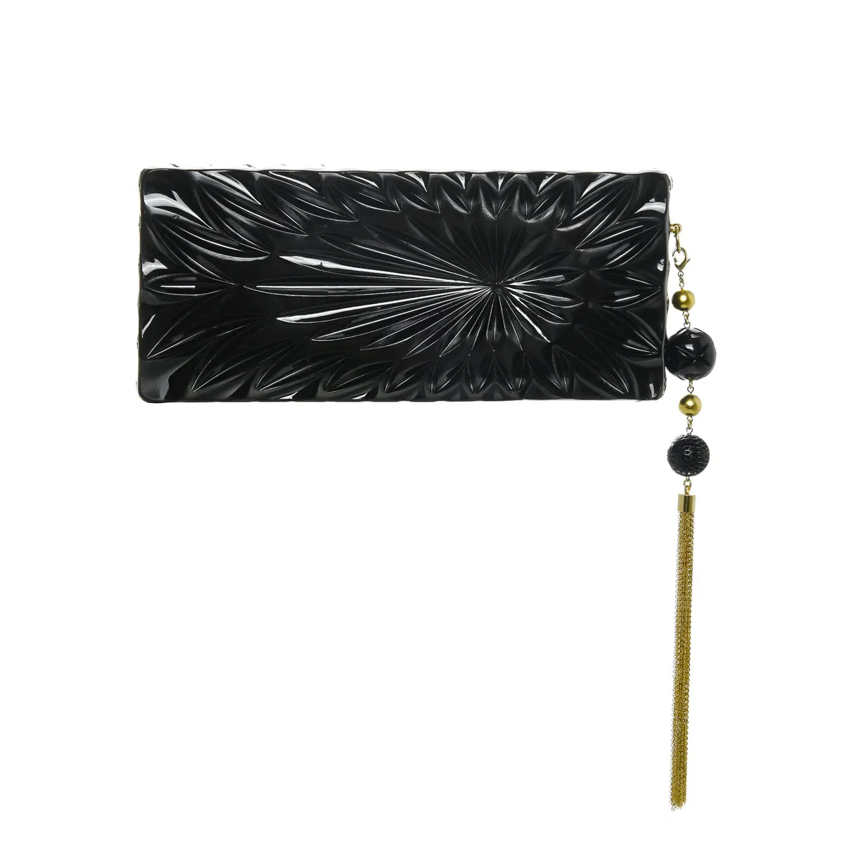 Douglaspoon Hand Carved Long Rectangular Clutch Bag Black With Gold Tone