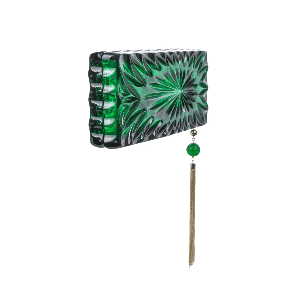 Douglaspoon Hand Carved Long Rectangular Clutch Bag Emerald Green With Gold Tone