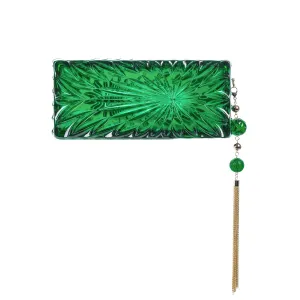 Douglaspoon Hand Carved Long Rectangular Clutch Bag Emerald Green With Gold Tone