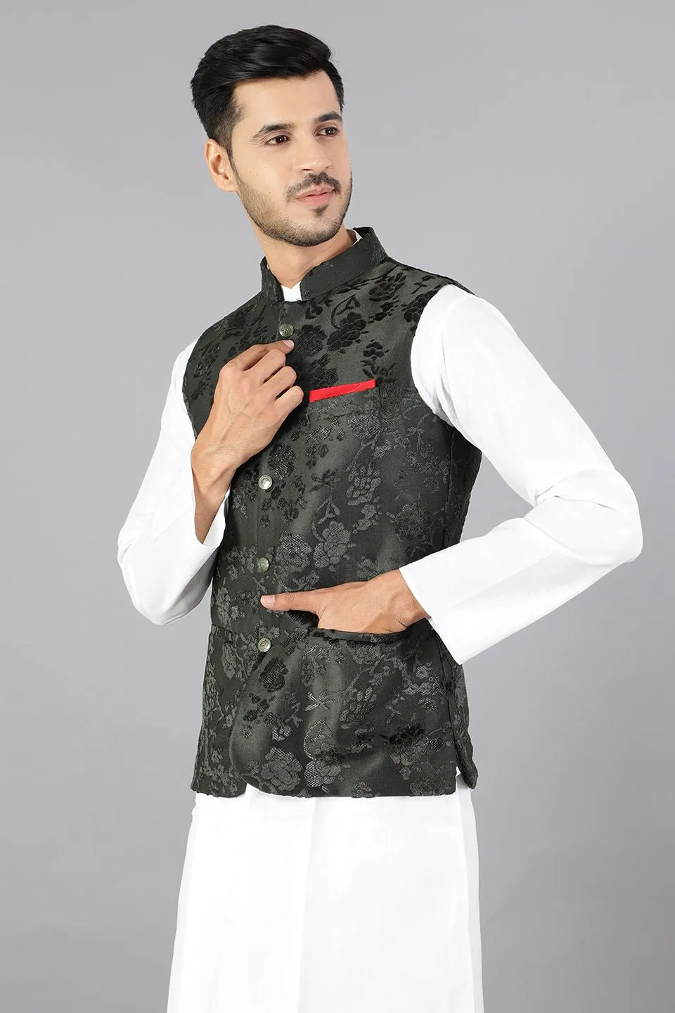 Emroidered Velvet Green Modi Nehru Jacket