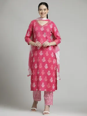 Ethnic Printed Pure Cotton Pink Suit Set
