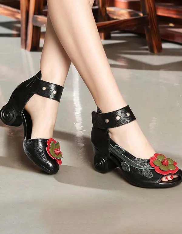 Ethnic Style Flowers Chunky Heel Sandals