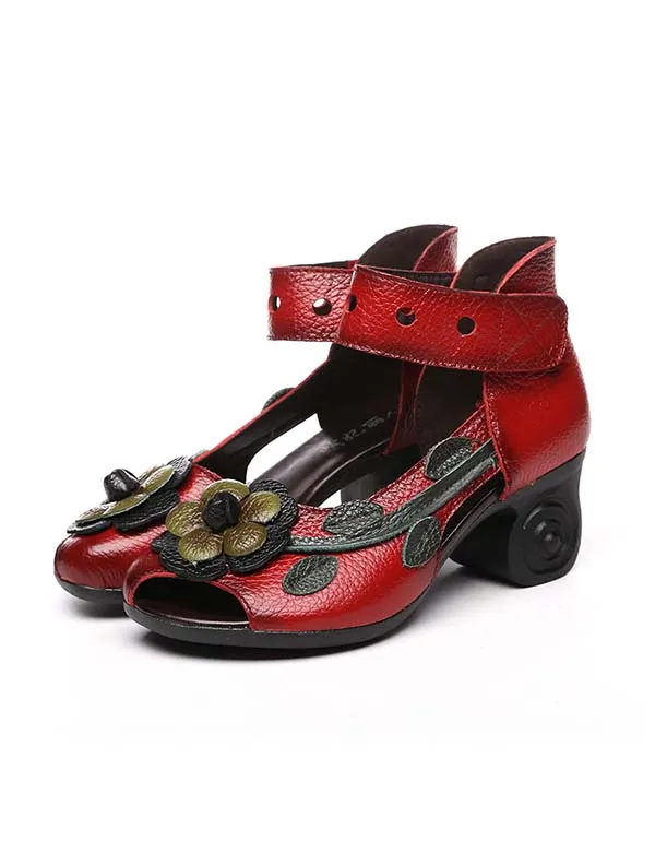 Ethnic Style Flowers Chunky Heel Sandals