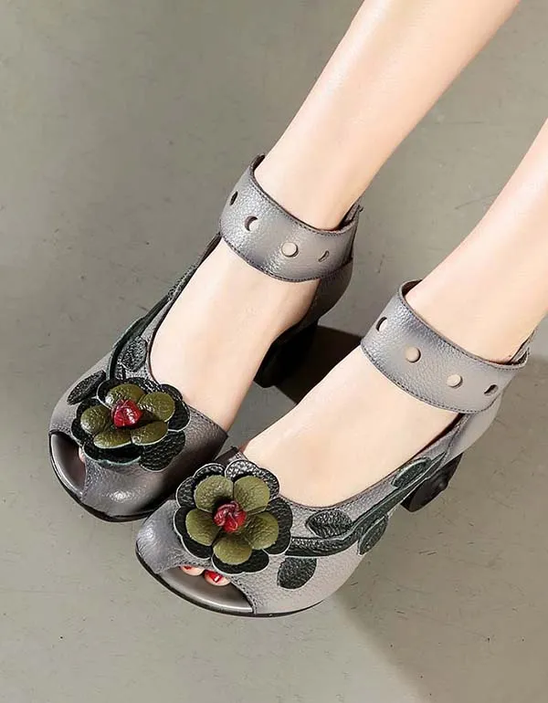Ethnic Style Flowers Chunky Heel Sandals