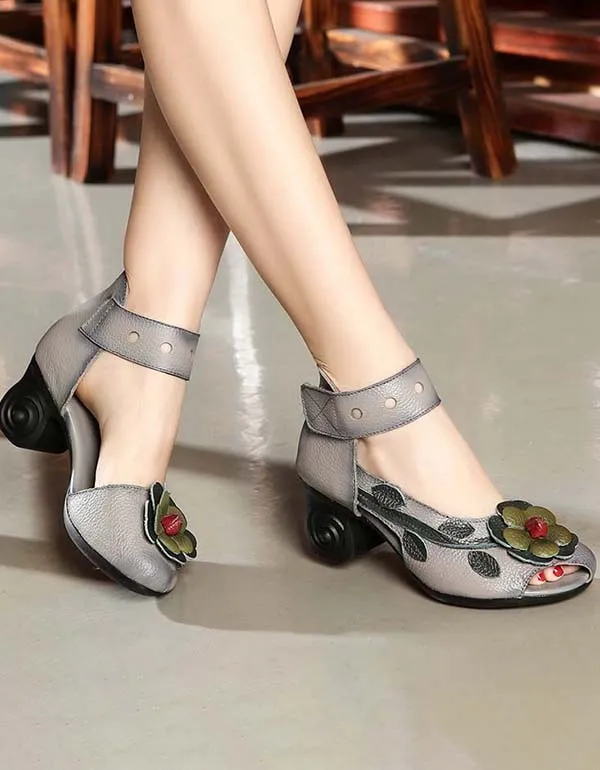 Ethnic Style Flowers Chunky Heel Sandals