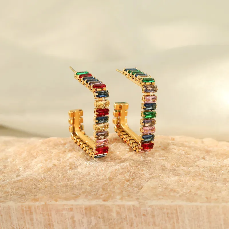 Ethnic style geometric stainless steel inlay rhinestones earrings