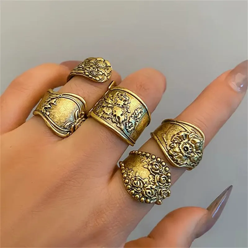 Ethnic Style Hand-Carved Flower 5Pcs/Set Women's Opening Ring