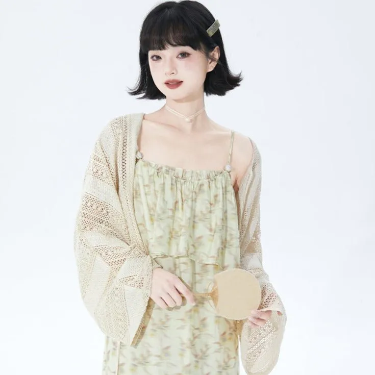 ethnic style off-white short knitted cardigan