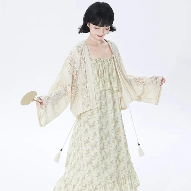 ethnic style off-white short knitted cardigan