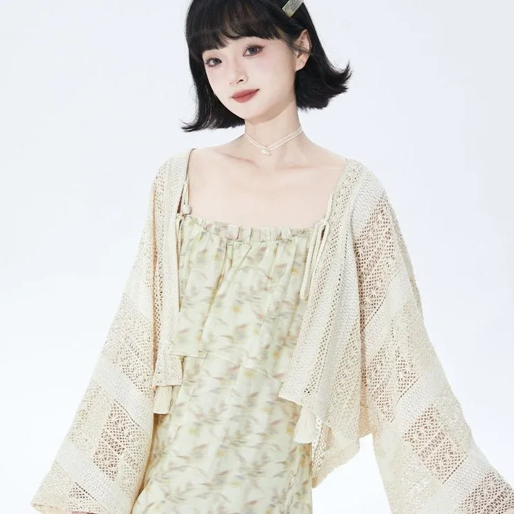 ethnic style off-white short knitted cardigan
