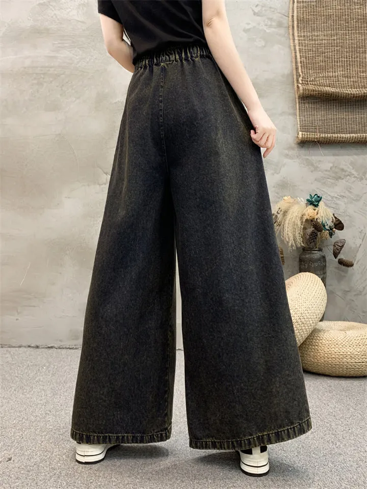 Ethnic Style Peony Embroidery Women's Wide Leg Jeans
