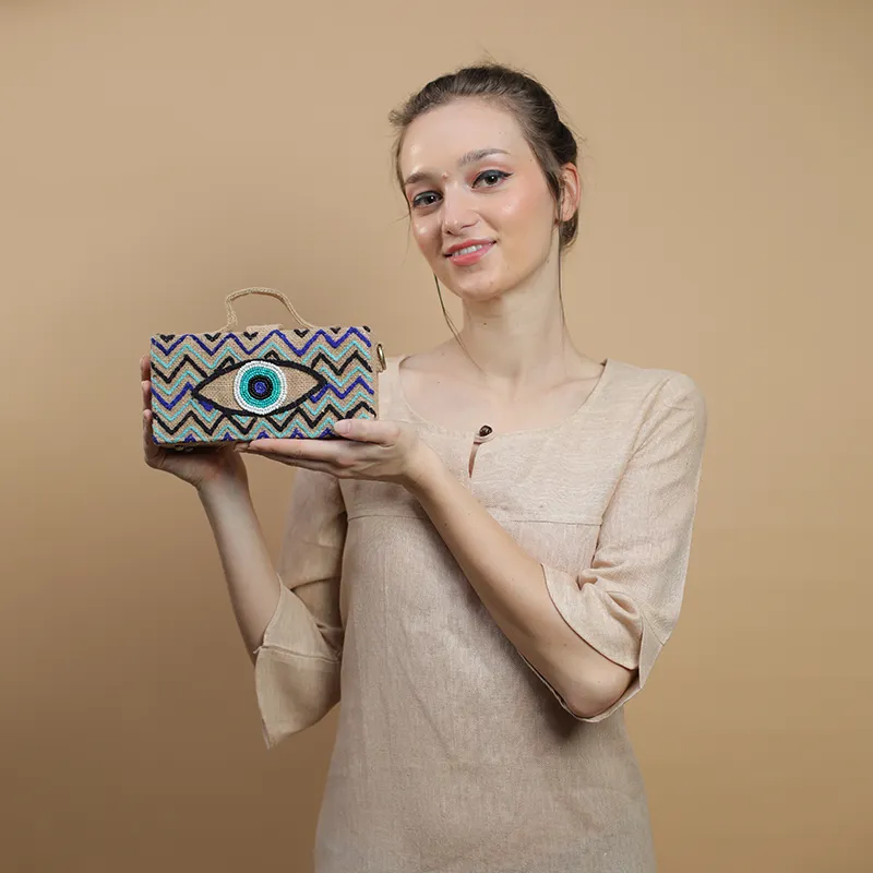 Evil Eye Full Embroidery Jute Bag