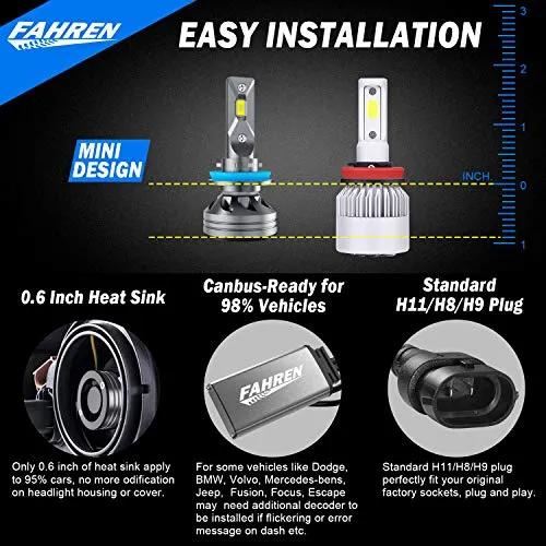 Fahren H11/H9/H8 LED Headlight Bulbs, 60W 14000 Lumens Super Bright LED Headlights Conversion Kit 6500K Cool White IP68 Waterproof, Pack of 2