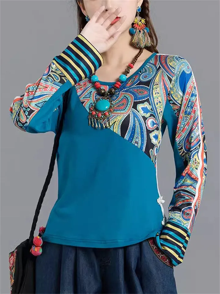 Female Ethnic Style Floral Patchwork Round Neck Long Sleeve Shirts