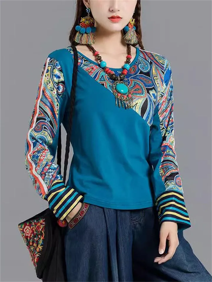 Female Ethnic Style Floral Patchwork Round Neck Long Sleeve Shirts