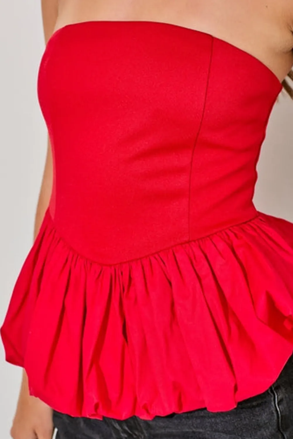 Fiery Red Puffy Ruffle Hem Patchwork Sexy Tube Top