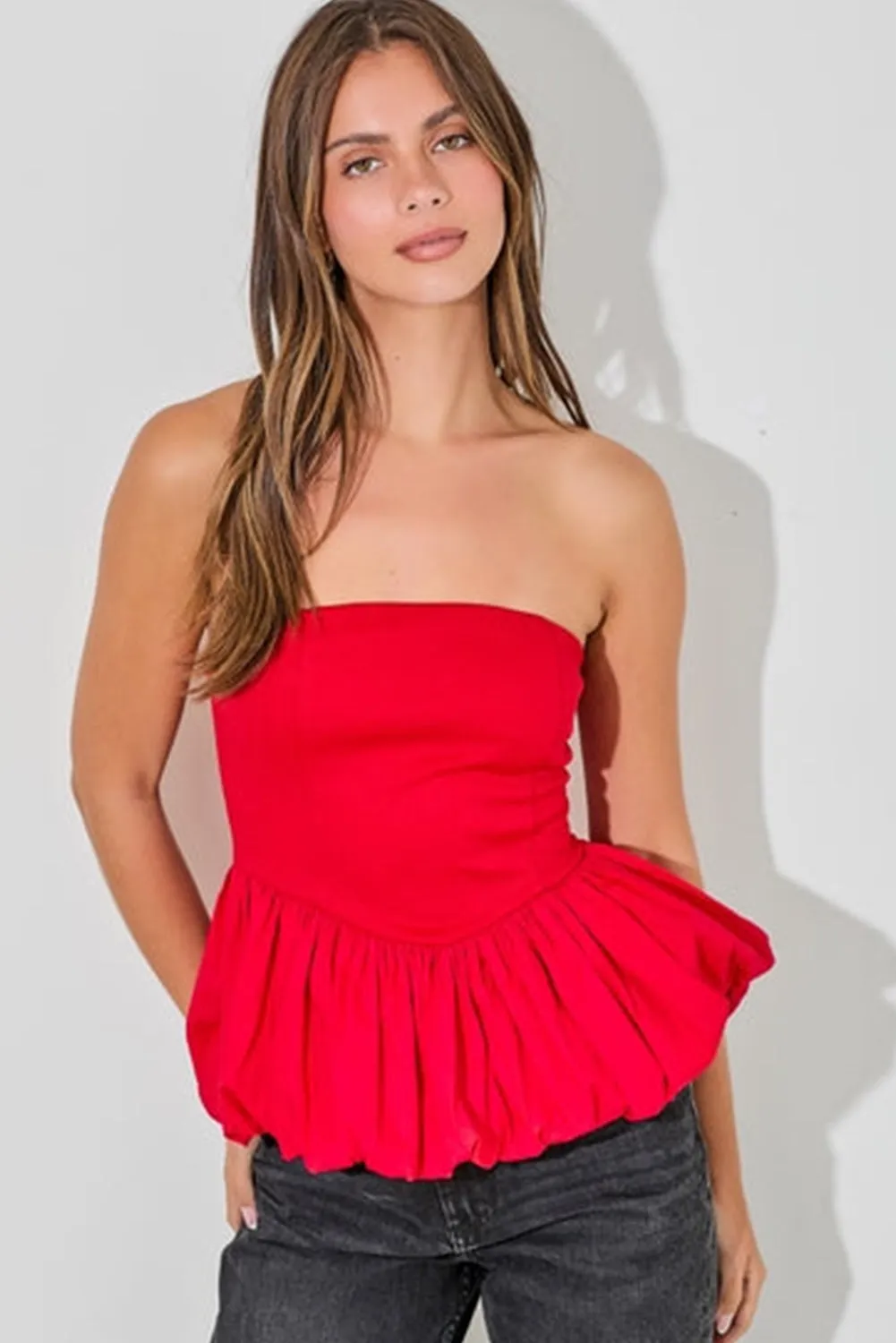 Fiery Red Puffy Ruffle Hem Patchwork Sexy Tube Top