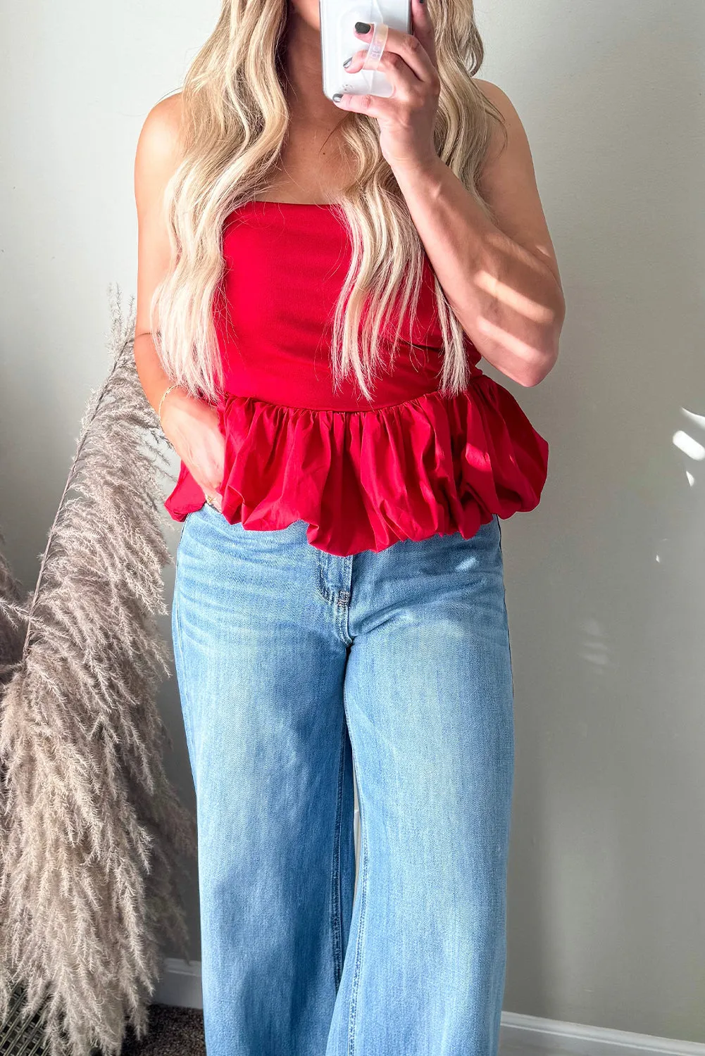 Fiery Red Puffy Ruffle Hem Patchwork Sexy Tube Top