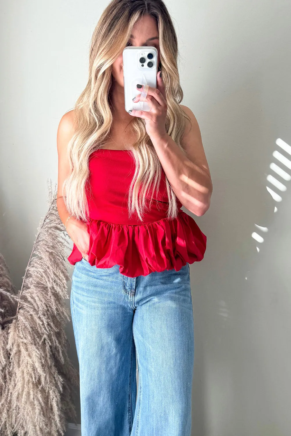 Fiery Red Puffy Ruffle Hem Patchwork Sexy Tube Top