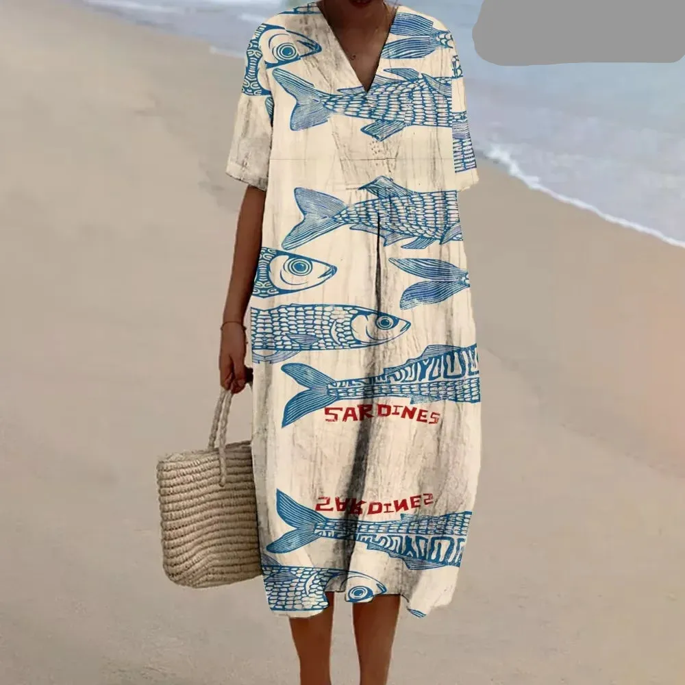 Fish Print Beach Dress  Lover  Wears Beach Vacation Long Dress