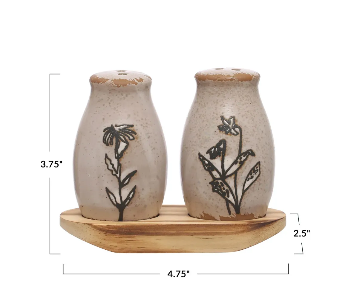 floral stoneware salt & pepper shakers with tray