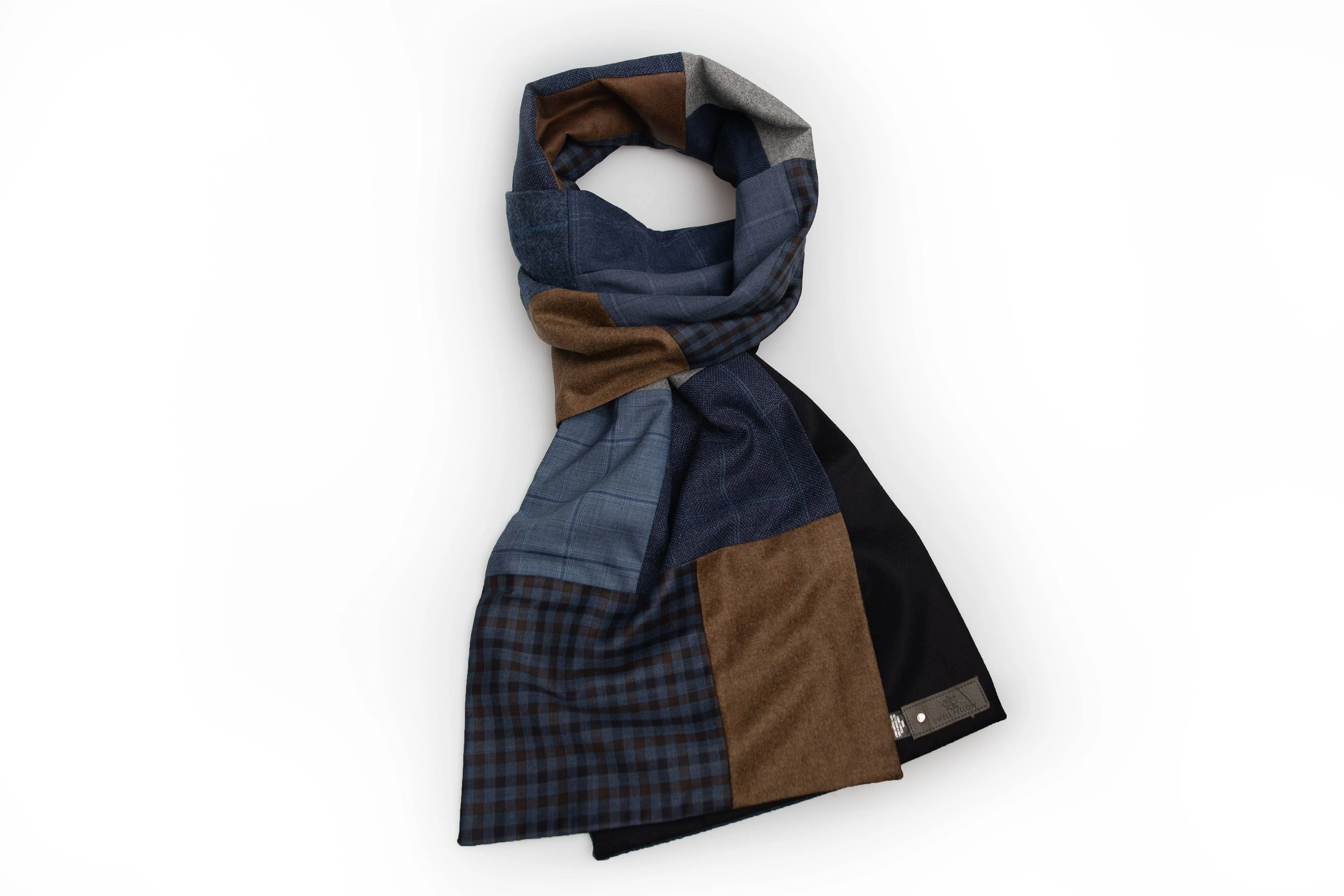 Foulard patchwork géométrique - bleu et cognac