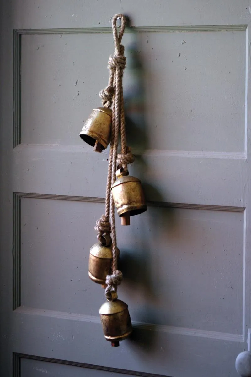 Four Rustic Iron Hanging Bells with Rope (Pack of 2)