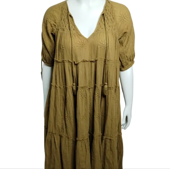 Free People Celestial Skies Embroidered Midi Bohemian Distressed Dress size S