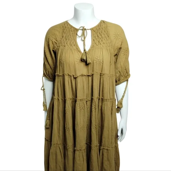 Free People Celestial Skies Embroidered Midi Bohemian Distressed Dress size S