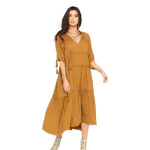 Free People Celestial Skies Embroidered Midi Bohemian Distressed Dress size S