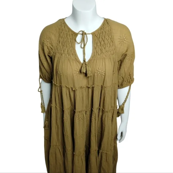 Free People Celestial Skies Embroidered Midi Bohemian Distressed Dress size S