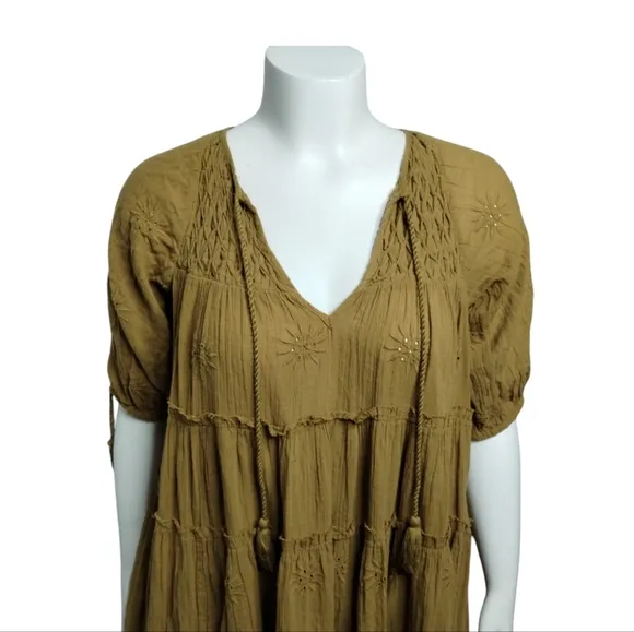 Free People Celestial Skies Embroidered Midi Bohemian Distressed Dress size S