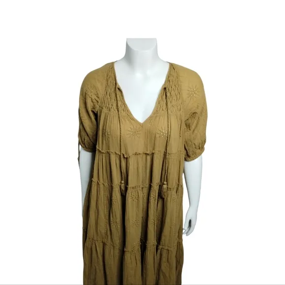 Free People Celestial Skies Embroidered Midi Bohemian Distressed Dress size S