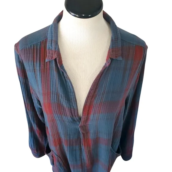 FREE PEOPLE ‎ x CP SHADES Blue/Red Campfire Plaid Shirt Dress/Tunic Women's M