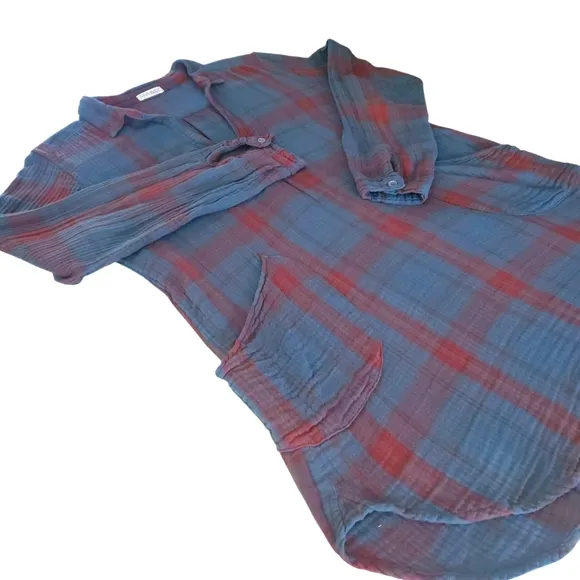FREE PEOPLE ‎ x CP SHADES Blue/Red Campfire Plaid Shirt Dress/Tunic Women's M
