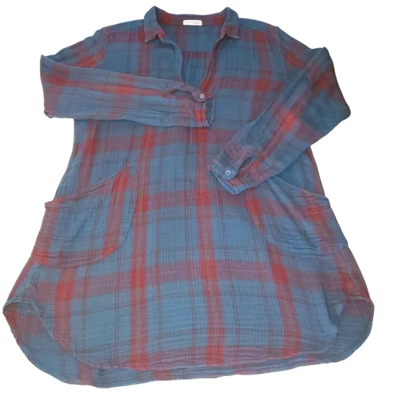FREE PEOPLE ‎ x CP SHADES Blue/Red Campfire Plaid Shirt Dress/Tunic Women's M