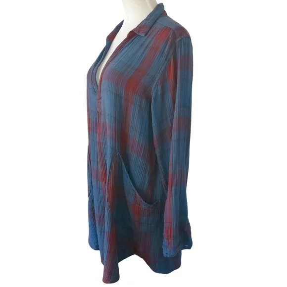 FREE PEOPLE ‎ x CP SHADES Blue/Red Campfire Plaid Shirt Dress/Tunic Women's M