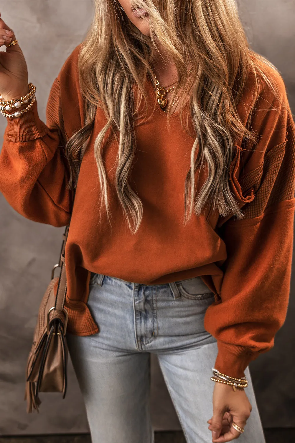 Gold Flame Contrast Patchwork Split Neck Sweatshirt