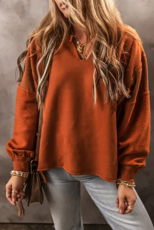 Gold Flame Contrast Patchwork Split Neck Sweatshirt