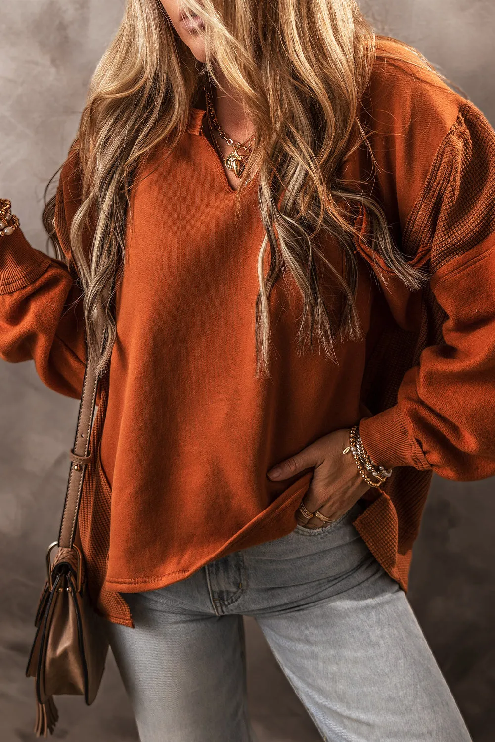 Gold Flame Contrast Patchwork Split Neck Sweatshirt