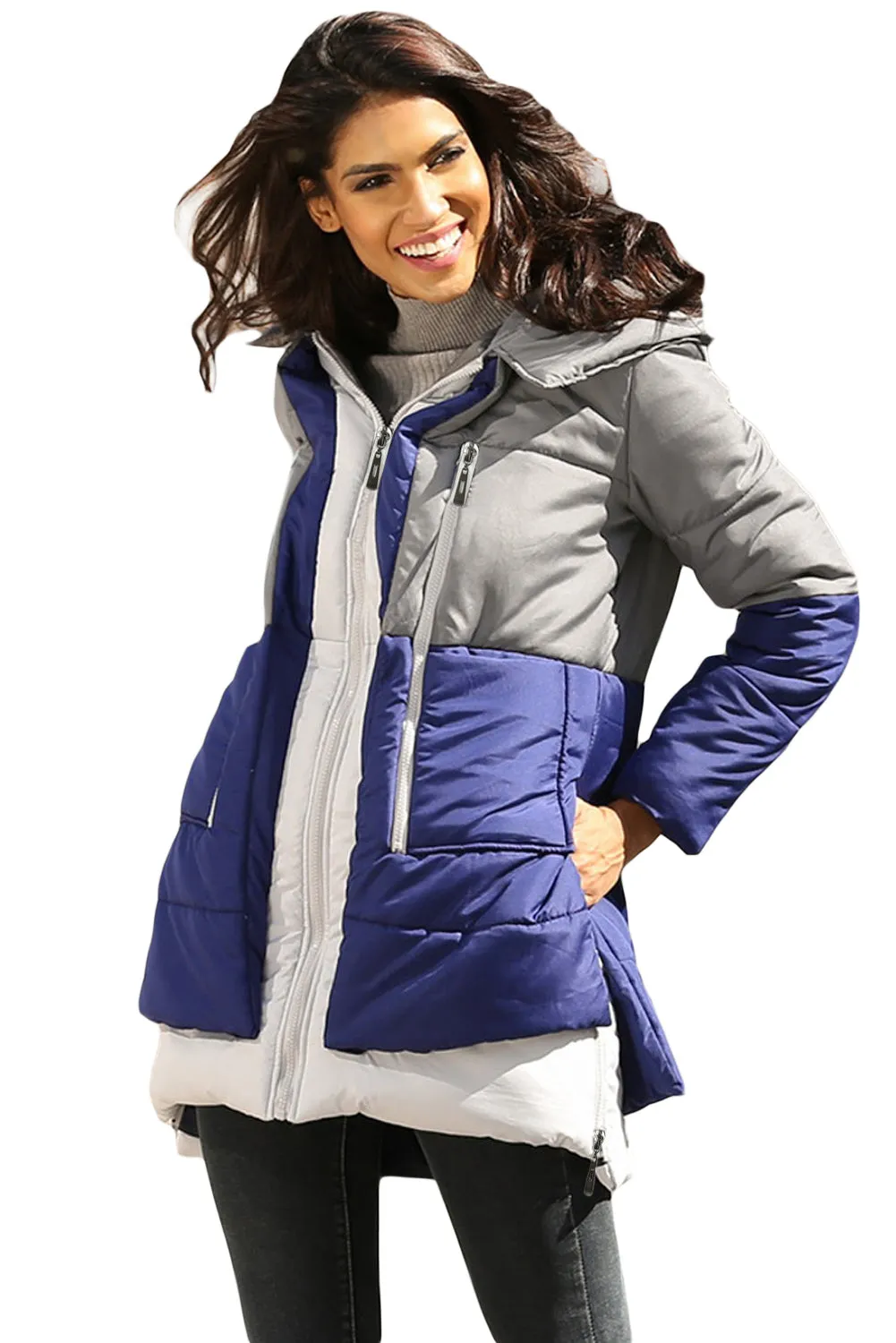 Gray Navy Colorblock 2-In-1 Look Quilted Jacket